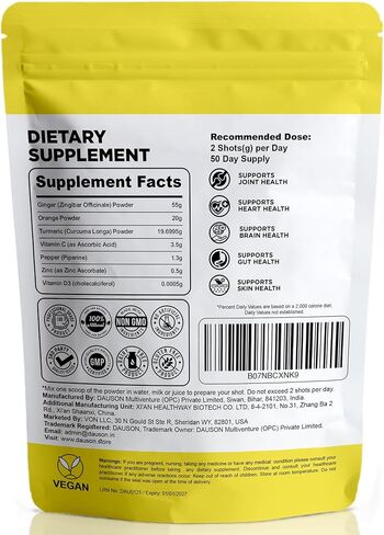 Vitalute Ginger Turmeric Powder - Ginger Turmeric Supplement Fortified with Orange, Curcumin, Vitamin C, Vitamin D, Zinc. 100g/100 Shots of Ginger Juice, Turmeric Juice for Joint, Gut, Keto, Immunity in Kuwait