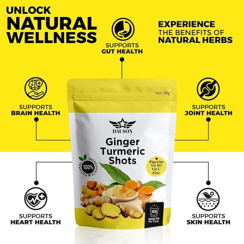 Vitalute Ginger Turmeric Powder - Ginger Turmeric Supplement Fortified with Orange, Curcumin, Vitamin C, Vitamin D, Zinc. 100g/100 Shots of Ginger Juice, Turmeric Juice for Joint, Gut, Keto, Immunity in Kuwait