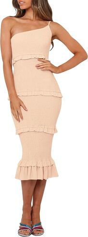 PRETTYGARDEN Women's Summer Midi Bodycon Dresses One Shoulder Strappy Tiered Ruffle Floral Boho Sun Dress in Kuwait