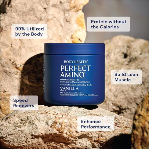 BodyHealth PerfectAmino Powder Lemon Lime (30 حصة) أفضل مشروب للتعافي قبل/بعد التمرين، 8 أحماض أمينية أساسية مكملة للطاقة مع 50% BCAAs، 100% عضوي، 99% استخدام in Kuwait