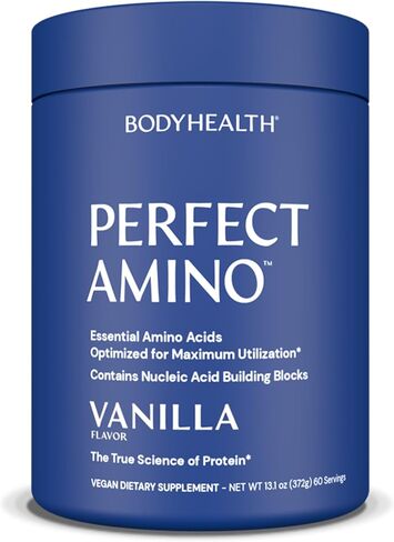 BodyHealth PerfectAmino Powder Lemon Lime (30 حصة) أفضل مشروب للتعافي قبل/بعد التمرين، 8 أحماض أمينية أساسية مكملة للطاقة مع 50% BCAAs، 100% عضوي، 99% استخدام in Kuwait