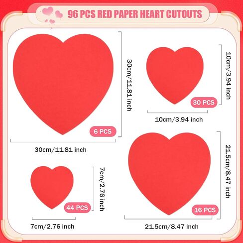 96 Pcs Red Glitter Heart Cutouts Assorted Size Paper Hearts Cutouts Valentine's Day Heart Die Cuts for Kid's Love and Peace School Craft Valentine Classroom Bulletin Board Decor(11.8",8.5",3.9",2.8") in Kuwait
