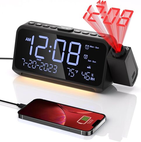 Projection Alarm Clock for Bedroom with Weekday/Weekend Mode,Digital Clock with 350° Projector,5-Level Dimmer,Adjustable Volume,Temperature & Humidity Monitor,Calendar,Snooze,12/24H,DST,Battery Backup in Kuwait