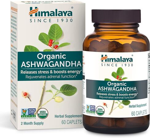 Himalaya Organic Ashwagandha, 120 Day Supply, Herbal Supplement for Stress Relief, Energy Support, Occasional Sleeplessness, USDA Organic, Non-GMO, Vegan, Gluten Free, 670 mg, 60 Caplets, 2 Pack in Saudi Arabia