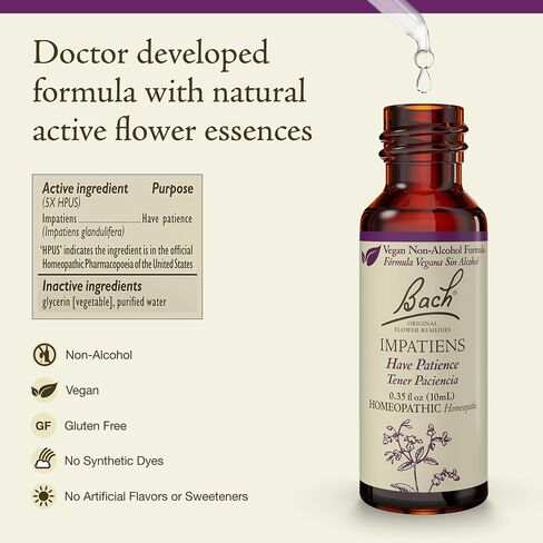 Bach Original Flower Remedies, Impatiens for Patience (Non-Alcohol Formula), Natural Homeopathic Flower Essence, Vegan, 10mL Dropper in Saudi Arabia