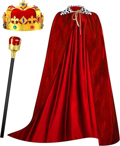 Cindeer 3 Pieces Men King Cape Costume Set Medieval King Robe Cape Gold Regal King Crown King Scepter for Carnival Mardi Gras Cosplay Halloween Dress Party in Kuwait