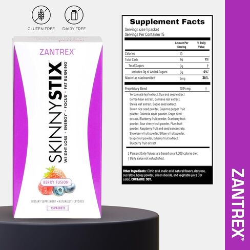 مسحوق الطاقة Zantrex SkinnyStix - زيادة الطاقة، وزيادة التركيز، وتعزيز المزاج - 10 سعرات حرارية - حبوب القهوة، يربا ماتي، كايين - 30 قطعة (عبوة من 1) بيري فيوجن in Saudi Arabia