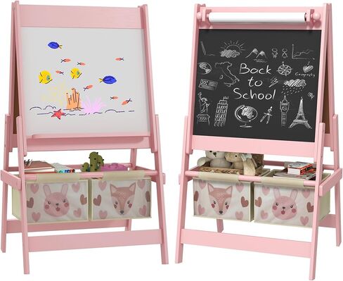 Qaba Art Easel for Kids with Paper Roll, 3 in 1 Toddler Painting Easel with Blackboard, Whiteboard, Storage Baskets, Green in Saudi Arabia