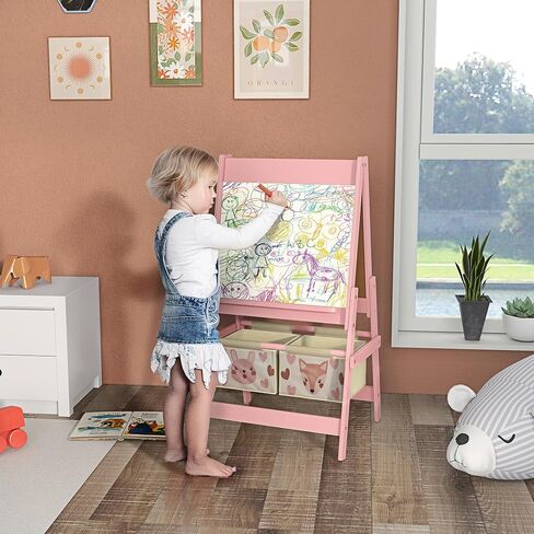 Qaba Art Easel for Kids with Paper Roll, 3 in 1 Toddler Painting Easel with Blackboard, Whiteboard, Storage Baskets, Green in Saudi Arabia