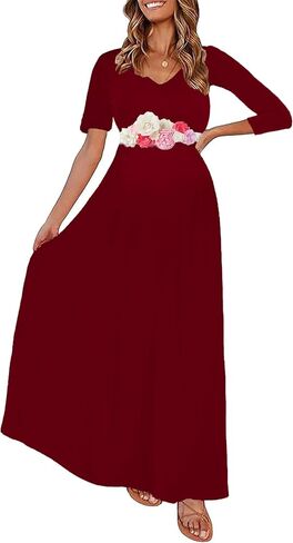 KIM S Maternity Maxi Dress for Baby Shower and Photoshoot | V neck, Empire waist, Flowy A line fit, Sizes S-3XL in Saudi Arabia