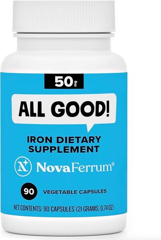 NovaFerrum All Good | Iron Supplement for Adults | 50mg of Iron Per Capsule | Supplement for Iron Deficiency in Men & Women | Vegan Verified | Gluten Free Certified | Sugar Free | 90 Count in Saudi Arabia