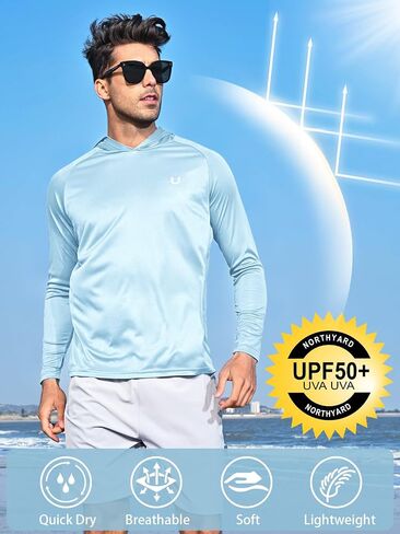 NORTHYARD Men's UPF 50+ Shirts UV Rash Guard Long Sleeve Sun Protection Swim Hoodie Shirt Lightweight for Hiking Running SkyBlue L in Saudi Arabia