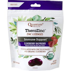Quantum Health TheraZinc Organic Zinc Lozenges Elderberry Sambucus Raspberry & Honey Immune Support for Adults & Kids 12+ Naturally Flavored Fast Relief with No Aftertaste - 18 Count