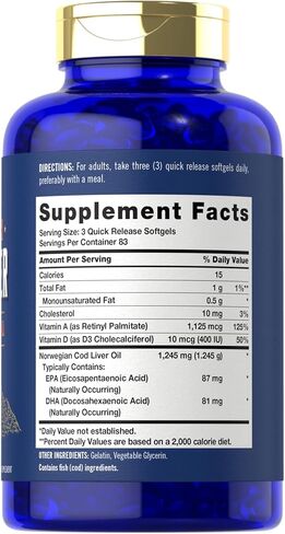 كبسولات هلامية من زيت كبد سمك القد من كارلايل | 1245 مجم | 300 عدد | النرويجية | غير معدل وراثيًا، وخالي من الغلوتين in Kuwait