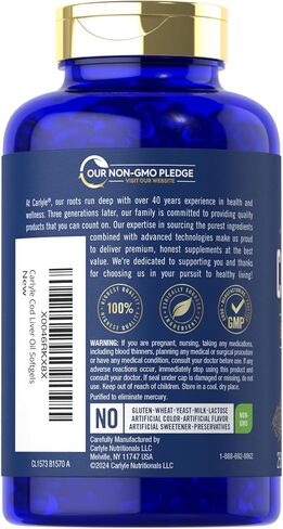 كبسولات هلامية من زيت كبد سمك القد من كارلايل | 1245 مجم | 300 عدد | النرويجية | غير معدل وراثيًا، وخالي من الغلوتين in Kuwait