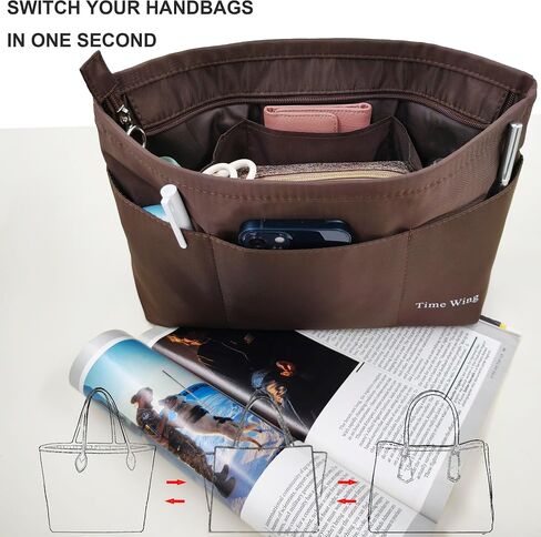 Time Wing Purse Organizer Insert Tote Handbag Organizer Pocketbook Divider Bag in Bag Shaper Liner Multi Pockets Compartments Zippers Key Chain Medium Beige in Kuwait