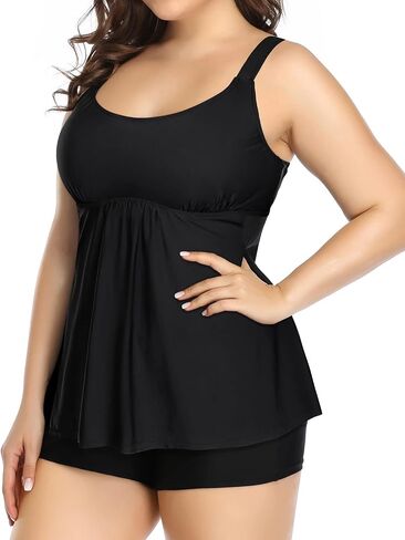 Holipick Black Plus Size Two Piece Tankini Swimsuits for Women Tummy Control Bathing Suits Scoop Neck Tankini Top with Boy Shorts in Kuwait