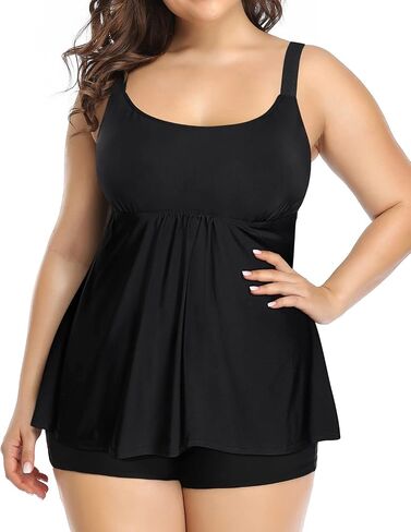 Holipick Black Plus Size Two Piece Tankini Swimsuits for Women Tummy Control Bathing Suits Scoop Neck Tankini Top with Boy Shorts in Kuwait