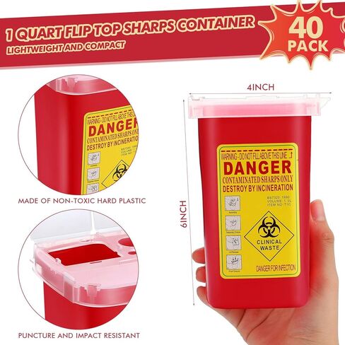 20 Pcs 1 Quart Flip Top Sharps Container Sharps Disposal Container Small Trash Bin Small Portable Container for Tattoo Parlors Use Office Barbershop Home Travel Use, 6" x 4" x 3", Red in Kuwait