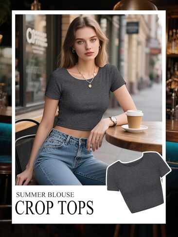 4 Pack Women's Basic Tight Short Sleeve Women Cute Trendy Crop Tops Scoop Neck Crop for Women or Teen Girls in Kuwait