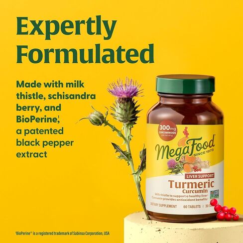 MegaFood الكركم الكركمين قوة إضافية - مكمل لدعم صحة الكبد مع بيوبرين الفلفل الأسود ومستخلص شوك الحليب - خالي من الغلوتين، نباتي ومصنوع بدون منتجات الألبان والصويا - 90 علامة تبويب (45 حصة) in Saudi Arabia