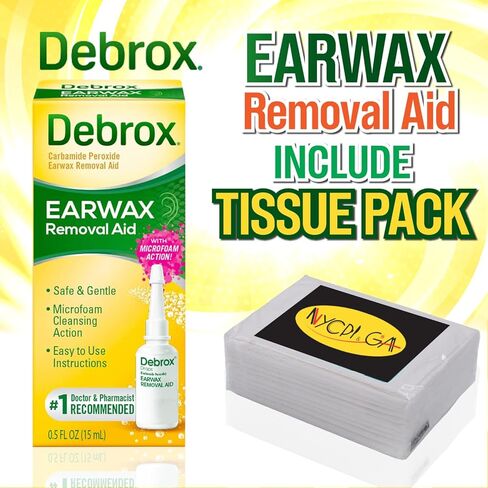 قطرات إزالة شمع الأذن من NYCPI & GA Debrox تتميز بحزمة مناديل لسهولة التنظيف (قطرات 0.5 أونصة) in Kuwait