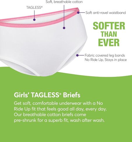 Hanes الفتيات Hanes سراويل داخلية بدون علامات قطن 100% للفتيات، متوفرة 10 و20 قطعة ملابس داخلية على طراز بيكيني، متنوعة، الولايات المتحدة in Kuwait