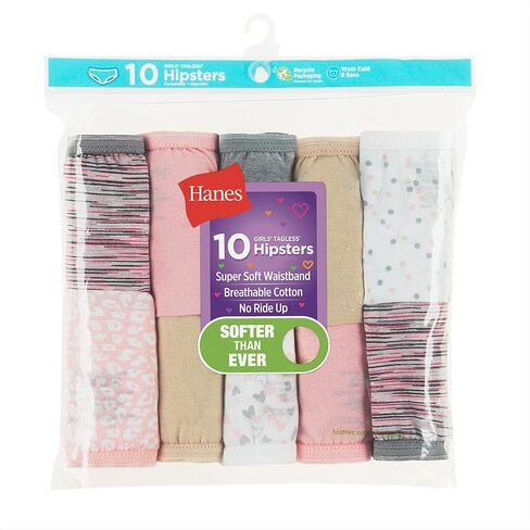Hanes الفتيات Hanes سراويل داخلية بدون علامات قطن 100% للفتيات، متوفرة 10 و20 قطعة ملابس داخلية على طراز بيكيني، متنوعة، الولايات المتحدة in Kuwait