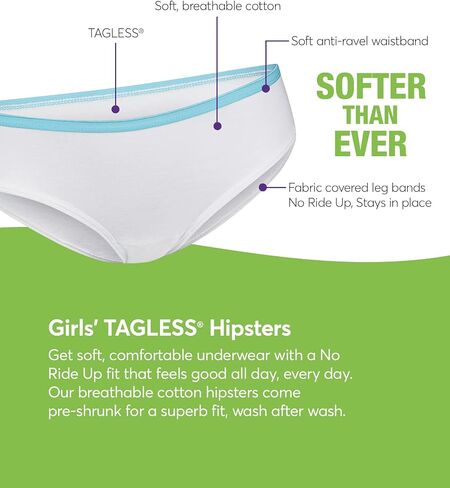 Hanes الفتيات Hanes سراويل داخلية بدون علامات قطن 100% للفتيات، متوفرة 10 و20 قطعة ملابس داخلية على طراز بيكيني، متنوعة، الولايات المتحدة in Kuwait