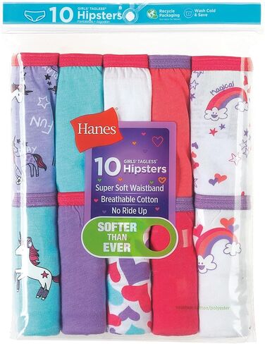 Hanes الفتيات Hanes سراويل داخلية بدون علامات قطن 100% للفتيات، متوفرة 10 و20 قطعة ملابس داخلية على طراز بيكيني، متنوعة، الولايات المتحدة in Kuwait