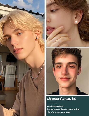SIISPRI 4 Pairs Magnetic Stud Earrings for Men Stainless Steel Magnetic Earrings Men Clip on Earrings Non Piercing Earrings Unisex CZ Magnetic Earrings for Men 6MM in Kuwait