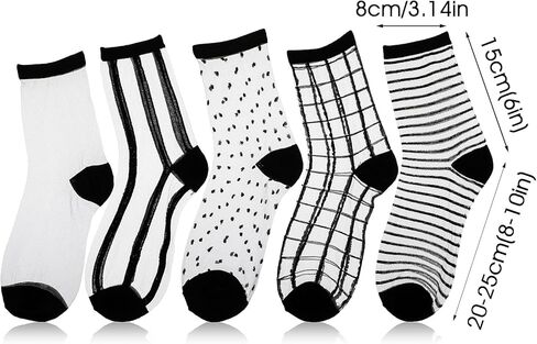 Lusofie 5 Pairs Sheer Socks Black See Through Socks Checkered Dot Striped Plaid Ankle Summer Socks for Women Thin Fashion in Kuwait