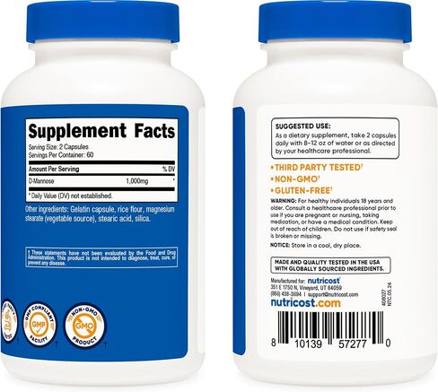 Nutricost D-Mannose 1000mg Per Serving, 120 Capsules - 500mg Per Capsule, Urinary Tract Health, Non-GMO and Gluten Free in Saudi Arabia