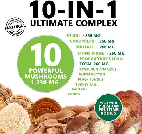 Mushroom Supplement - 10 Mushroom Complex - Lions Mane, Reishi, Turkey Tail, Chaga, Cordyceps, Shiitake, & Maitake - Nootropic Brain Supplement, Memory, Focus, & Imumune Health Support - 120 Capsules in Saudi Arabia