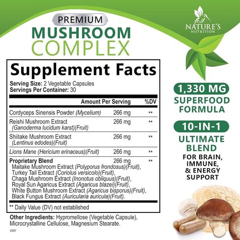 Mushroom Supplement - 10 Mushroom Complex - Lions Mane, Reishi, Turkey Tail, Chaga, Cordyceps, Shiitake, & Maitake - Nootropic Brain Supplement, Memory, Focus, & Imumune Health Support - 120 Capsules in Saudi Arabia