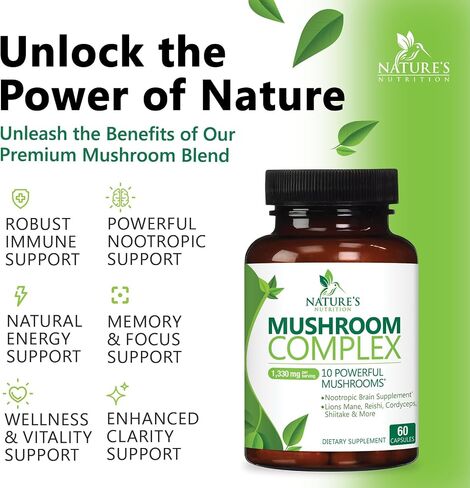 Mushroom Supplement - 10 Mushroom Complex - Lions Mane, Reishi, Turkey Tail, Chaga, Cordyceps, Shiitake, & Maitake - Nootropic Brain Supplement, Memory, Focus, & Imumune Health Support - 120 Capsules in Saudi Arabia