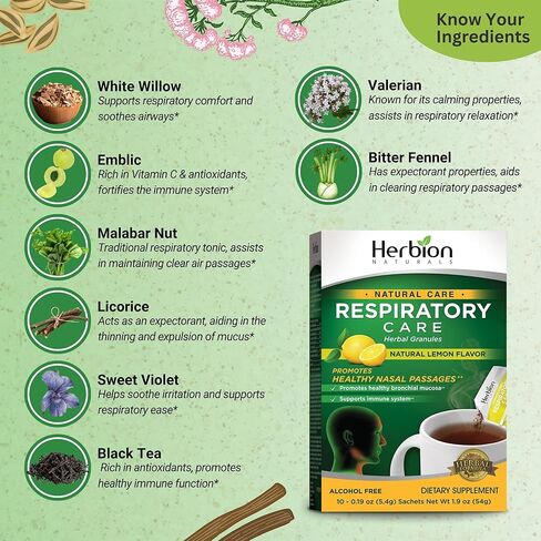 Herbion Naturals Respiratory Care Herbal Granules – 10 Ct for The Whole Family – Promotes Healthy Nasal Passages & Respiratory Function - Relieves Cold and Flu Symptoms – Supports Immune System in Saudi Arabia