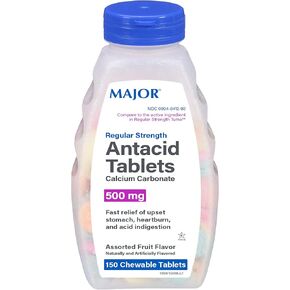 Major Calcium Antacid Chewable Tablets, Assorted Fruit Flavors, 500 mg, 150 Count (1 Bottle)