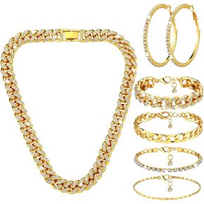 6 Pcs Cuban Link Chain Jewelry Set Cuban Rhinestone Necklace Bracelet Earrings Crystal Cuban Necklaces Bling Cuban Link Chain Jewelry Set Circle Earrings Chain Bracelet for Women Girls in Kuwait