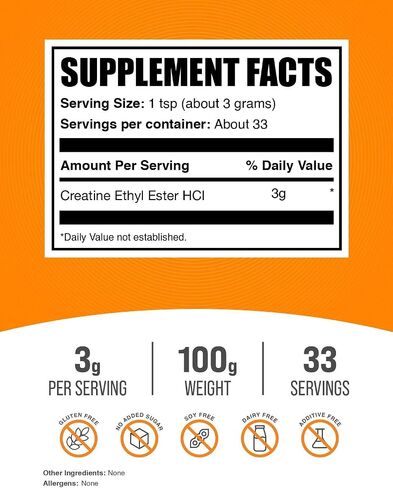 BULKSUPPLEMENTS.COM مسحوق الكرياتين إيثيل إستر حمض الهيدروكلوريك - مسحوق الكرياتين - مكمل الكرياتين النقي - مسحوق الكرياتين قبل التمرين - مكملات الكرياتين الغذائية (100 جرام - 3.5 أونصة) in Saudi Arabia