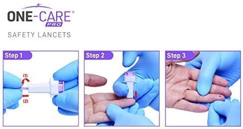 مشارط الأمان MediVena ONE-CARE PRO، زر الضغط العلوي المنشط، 21 جم × 1.8 مم، 100/bx، معقمة ولطيفة ومريحة لأخذ العينات in Kuwait