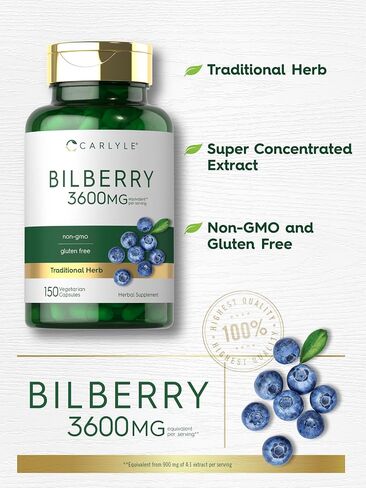 Carlyle Bilberry Extract Capsules | 3600mg | 200 Count | Vegetarian, Non-GMO, Gluten Free Fruit Supplement for Eye Health in Saudi Arabia