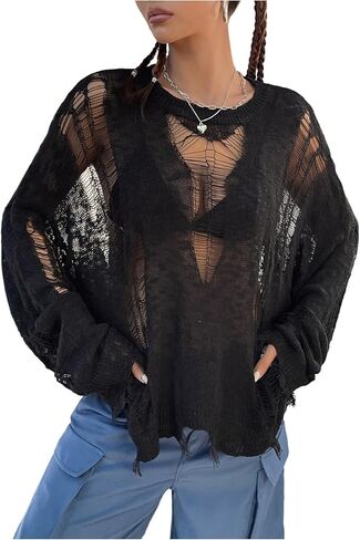 سترة نسائية من Verdusa مجوفة وشفافة وأكمام طويلة ممزقة وفضفاضة in Kuwait