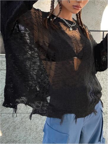 سترة نسائية من Verdusa مجوفة وشفافة وأكمام طويلة ممزقة وفضفاضة in Kuwait