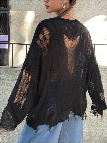 سترة نسائية من Verdusa مجوفة وشفافة وأكمام طويلة ممزقة وفضفاضة in Kuwait