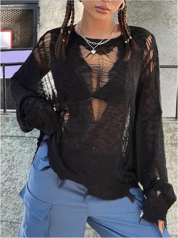 سترة نسائية من Verdusa مجوفة وشفافة وأكمام طويلة ممزقة وفضفاضة in Kuwait