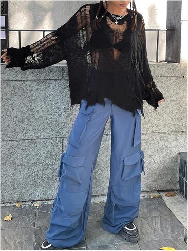 سترة نسائية من Verdusa مجوفة وشفافة وأكمام طويلة ممزقة وفضفاضة in Kuwait