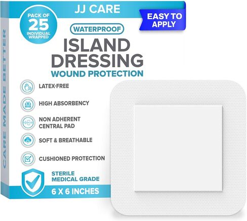JJ CARE Waterproof Adhesive Island Dressing [Pack of 25], 6" x 6" Sterile Island Wound Dressing, Breathable Bordered Gauze Dressing, Individually Wrapped Latex Free Bandages with Non-Stick Central Pad in Saudi Arabia