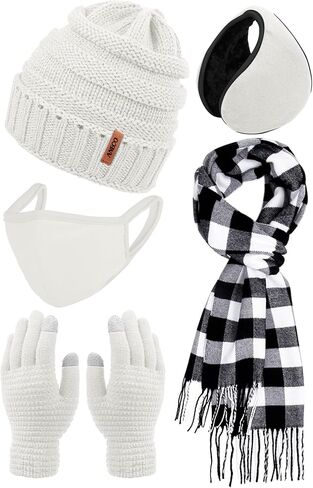 Aneco Winter Warm Sets Buffalo Plaid Scarf Knitted Beanie Hat Gloves Earloop Warm Cover for Men and Women in Saudi Arabia