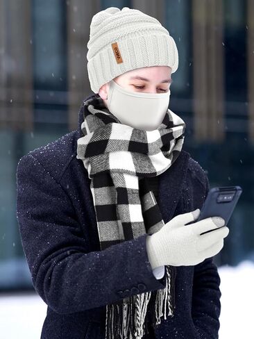 Aneco Winter Warm Sets Buffalo Plaid Scarf Knitted Beanie Hat Gloves Earloop Warm Cover for Men and Women in Saudi Arabia